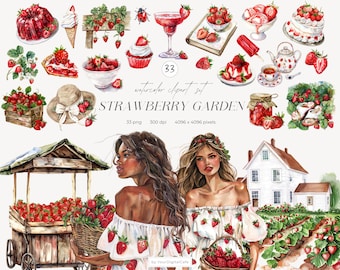 Akwarela z truskawkowym ogrodem Klipart: Wiosna, Letnie truskawki Klipart, Domek, Scrapbooking (Pobieranie cyfrowe)