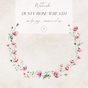 Clipart de guirlanda floral, guirlanda de rosas em aquarela PNG, clipart de guirlanda de flores, rosa empoeirado, clipart de casamento, download digital, uso comercial