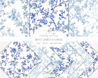 Blue Chinoiserie Toile de Jouy Seamless Paper: Vintage Floral Patterns for Papers, Fabrics, POD (Digital Download)