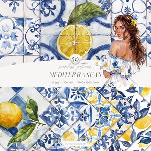 Watercolor Mediterranean Tile & Lemon Seamless Patterns: Tiles Background, Summer, Italy, Scrapbook (Digital Download)