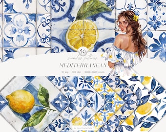 Watercolor Mediterranean Tile & Lemon Seamless Patterns: Tiles Background, Summer, Italy, Scrapbook (Digital Download)