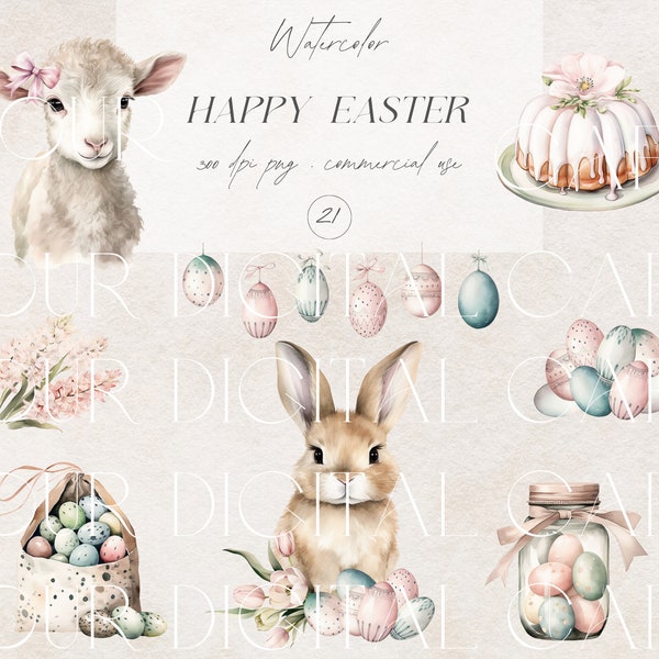 Aquarell Ostern Clipart - Ostereier Clipart - Ostern Clipart - Osterhase Clipart - Osterkorb Clipart - Aquarell Osterlamm