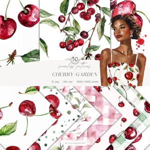 Watercolor Cherry Seamless Pattern: Cherry Branch Background, Berries Digital Paper (Instant Download)