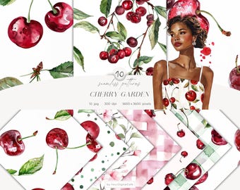 Aquarell Kirsche Musterdesign: Kirschzweig Hintergrund, Beeren Digitales Papier (Instant Download)