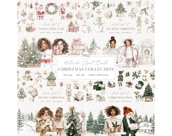 Christmas Watercolor Clipart Bundle: 160 Holiday Graphics, Cozy Winter PNG (Digital Download)
