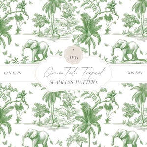Grün Chinoiserie Toile de Jouy nahtlose Muster, Kinderzimmer Kulissen, Elefant-Muster, digitaler Download Clipart für Papiere, Stoffe, POD, ...