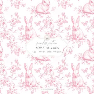 Pink Toile Bunnies Seamless Paper: Nursery Background, Chinoiserie Easter Bunny Pattern for Papers, Fabrics & POD (Digital Download)