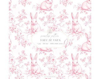 Pink Toile Bunnies Seamless Paper: Nursery Background, Chinoiserie Easter Bunny Pattern for Papers, Fabrics & POD (Digital Download)
