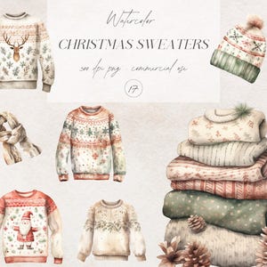 Aquarelle Noël pull pull, mignon Noël pull Png, pulls de Noël moche, autocollants numériques PNG, clipart hiver confortable