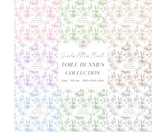 Toile Bunnies Seamless Patterns Bundle: Nursery Digital Paper, Chinoiserie Bunny Pattern for Papers, Fabrics & POD (Digital Download)