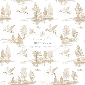 May include: A seamless pattern featuring a beige duck design. The pattern includes flying ducks, trees, and small boats on a body of water. The text "BEIGE DUCK" is displayed in a decorative frame. The image is 3600 x 3600 pixels.