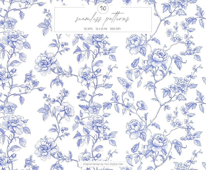 Blue Chinoiserie Toile De Jouy Seamless Paper: Vintage Floral Patterns ...