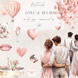 Clipart de San Valentín con rubor en acuarela, feliz día de San Valentín, clipart de amor tierno, clipart de pareja romántica, corazones PNG, clipart de pegatinas