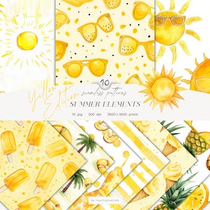 Patrones sin costuras con elementos de verano amarillos: Helado de acuarela, fondo tropical y sol (descarga digital)