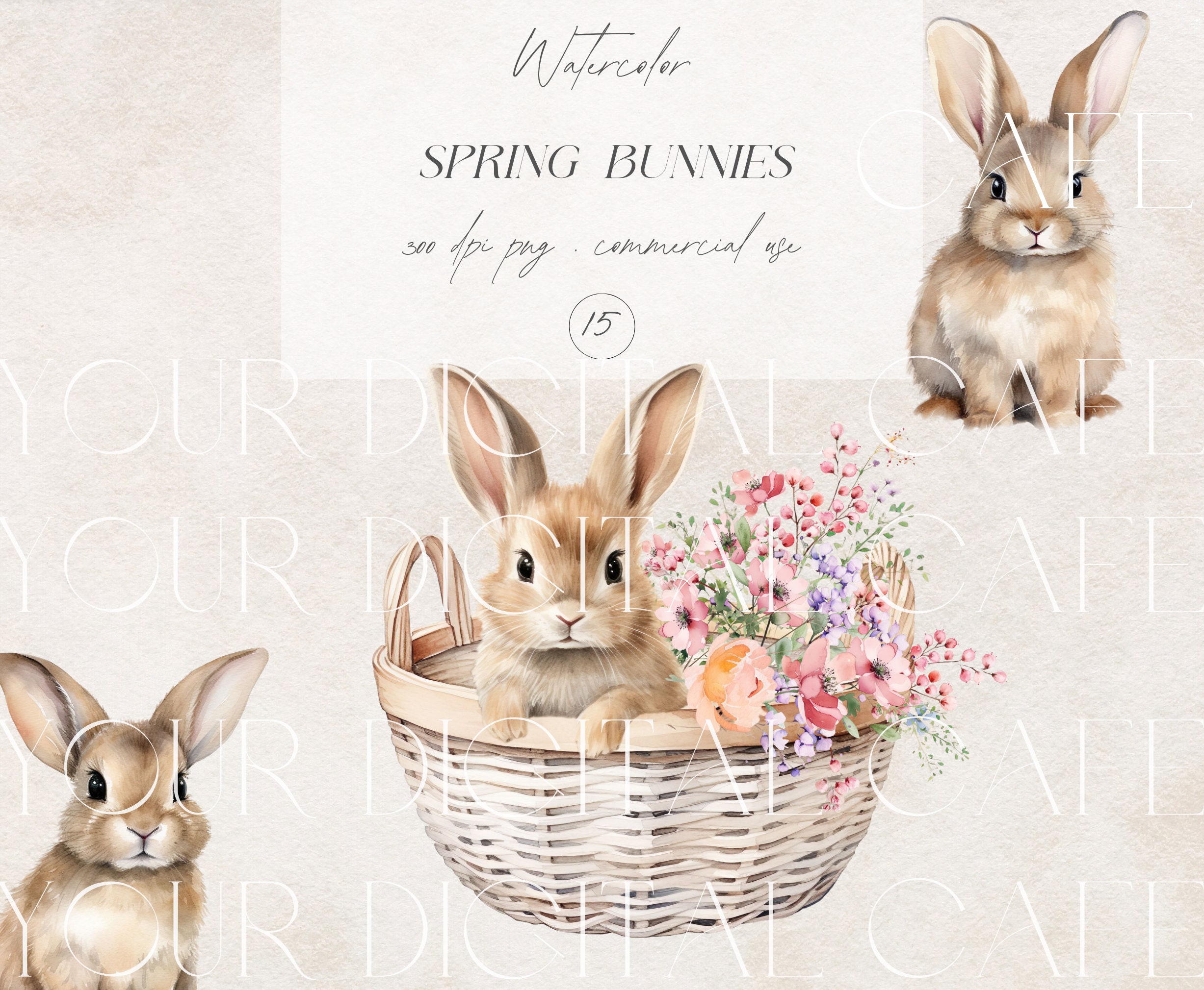 Watercolor Bunnies Clipart Bundle, Cute Bunnies Illustration, Spring ...