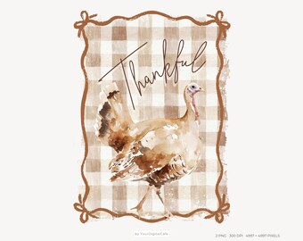 Thankful PNG: Retro Fall Turkey, Coquette Autumn Season Shirt Design, Thanksgiving Sublimation Png (Digital Download)