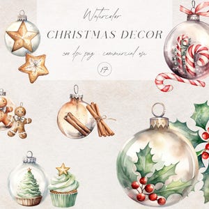 Clipart di ornamenti di vetro di Natale, set di ornamenti di Natale eleganti, Natale ad acquerello, palline di Natale PNG, clipart invernale, download