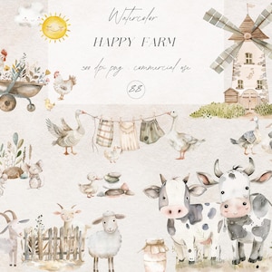 Pacchetto di clipart di animali da fattoria felici, vivaio di animali acquerellati, clipart di cuccioli, invito per baby shower in formato PNG, clipart di album di ritagli, digitale