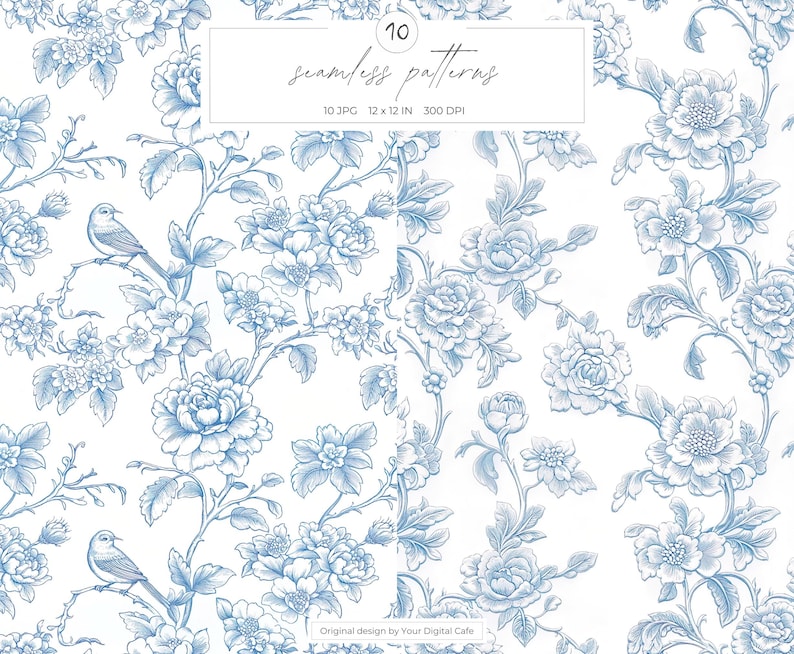Blue Chinoiserie Seamless Patterns: Vintage Floral Birds Toile De Jouy ...
