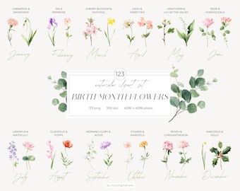 Watercolor Birth Month Flower Clipart Bundle: DIY Floral PNG Clip Art (Digital Download)