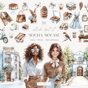 May include: Watercolor clipart set titled "MOCHA MOUSSE" featuring various illustrations. Includes a scooter, cake, perfume, bunny, desserts, cookies, dress, shoes, and two women. The set also includes text that reads "52 png 300 dpi 4096 x 4096 pixels".