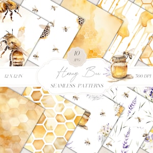 Modèles sans couture aquarelle abeille, papier numérique abeilles, motif abeille, motif floral JPEG, clipart en téléchargement numérique pour papiers, tissus