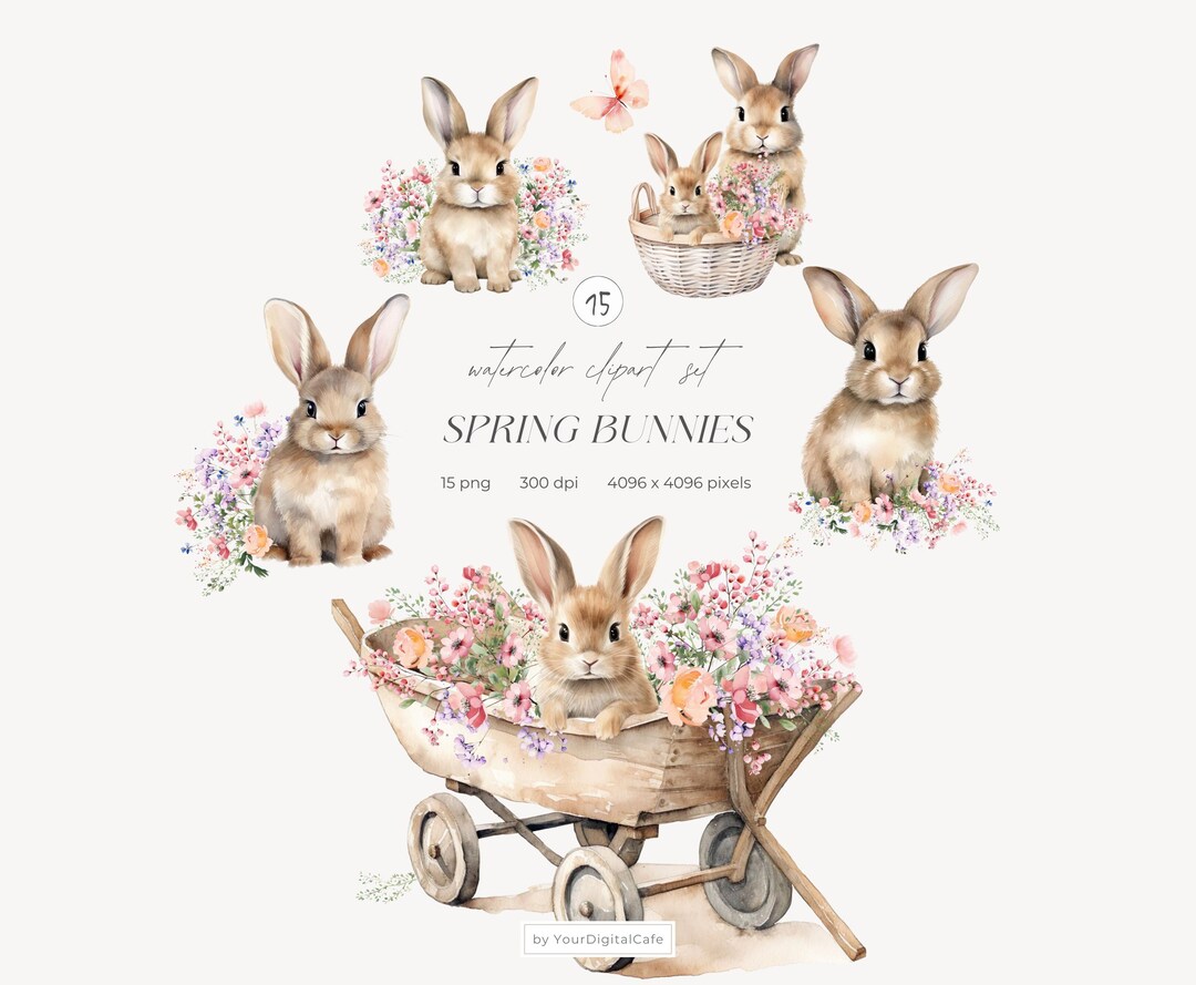 Watercolor Spring Bunnies Clipart: Easter Bunny PNG, Nursery Clip Art ...