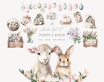 Aquarell Frohe Ostern Clipart: Pastell Ostern PNG, Floral Frühling Grafiken, Hasen, Eier (Digitaler Download)