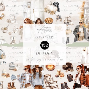 Cozy Autumn Clipart Bundle Watercolor Fall Graphics PNG Pumpkin Mushroom Leaves Planner Stickers Clip Art Digital Download Commercial Use