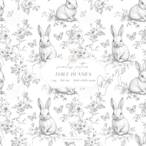 Grått Chinoiserie Toile de Jouy sömlöst papper: Kaninbakgrund, mönster för papper, tyger, POD (digital nedladdning)