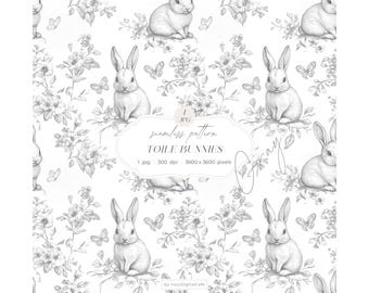 Gray Chinoiserie Toile de Jouy Seamless Paper: Bunny Background, Pattern for Papers, Fabrics, POD  (Digital Download)
