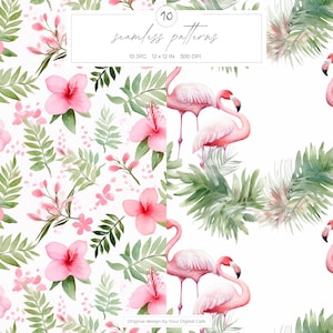 Pink Summer Elements Seamless Patterns: Watercolor Floral Background, Scrapbook Paper (Digital Download) image 5