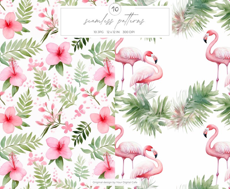 Pink Summer Elements Seamless Patterns: Watercolor Floral Background, Scrapbook Paper (Digital Download) image 5