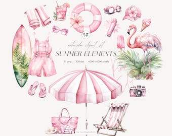 Watercolor Summer Beach Clipart: Summer Elements Pink Edition, Flamingo PNG (Digital Download)