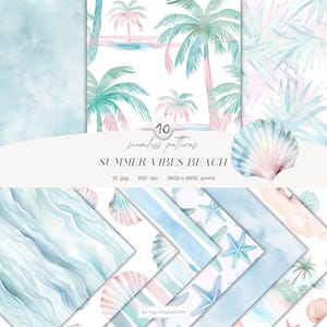Watercolor Summer Vibes Beach Seamless Patterns: Pastel Digital Paper, Shell, palm tree (Digital Download)