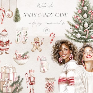 Lindo paquete de imágenes prediseñadas de bastones de caramelo navideños, imágenes prediseñadas de invierno acogedoras, gráficos navideños de acuarela neutral, PNG de Navidad, pegatinas digitales, comerciales