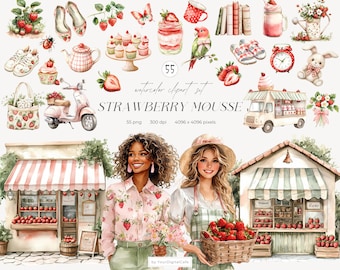 Watercolor Strawberry Clipart: Springtime PNG, Summer Clip Art, Strawberries, Cottage, Stickers, Scrabook (Digital Download)