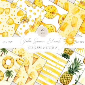 Patrones sin costuras de verano, papel digital de verano, patrón de elementos de verano amarillo JPEG, patrón de repetición, papel de álbum de recortes de patrón de vibraciones de verano