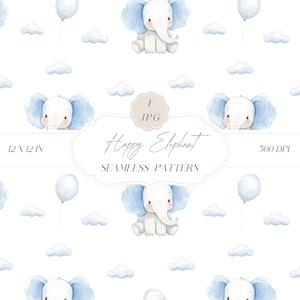 Patrón sin costuras de elefante lindo de acuarela, papel digital para niños, patrón de guardería de elefante bebé azul, descarga imágenes prediseñadas para papeles y telas.