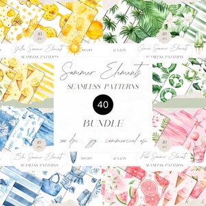 Pacchetto di modelli senza soluzione di continuità per l'estate, carta digitale estiva, modello di elementi estivi JPEG, modello ripetuto, carta per scrapbooking con motivo Summer Vibes