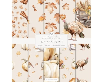 Watercolor Thanksgiving Digital Papers: Autumn Seamless Patterns, Fall Pumpkins, Scrapbook Paper (Instant Download)