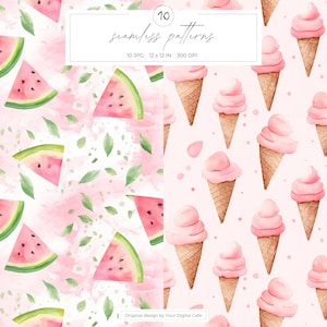 Pink Summer Elements Seamless Patterns: Watercolor Floral Background, Scrapbook Paper (Digital Download) image 6