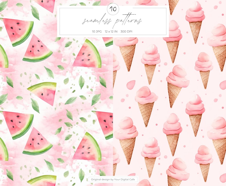 Pink Summer Elements Seamless Patterns: Watercolor Floral Background, Scrapbook Paper (Digital Download) image 6