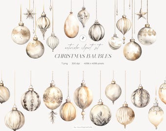 Clipart aquarel kerstversieringen: neutrale kerstballen rand illustraties (digitale download)