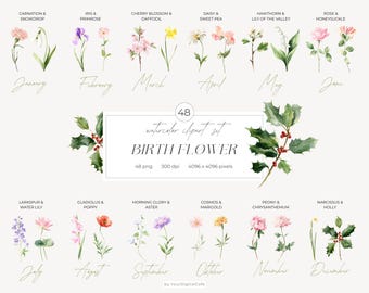 Watercolor Birth Month Flower Clipart: DIY Floral PNG Clip Art (Digital Download)