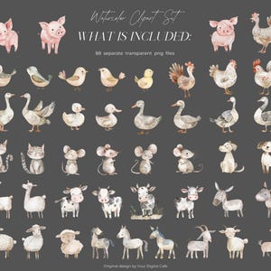 Watercolor Farm Animal Clipart Bundle: Goose Clip Art, Cute Mouse, Cows ...