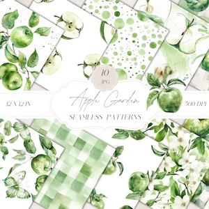 Padrões sem emendas de maçã verde, padrões de decoração de maçã em aquarela, papel digital de verão, cenário verde, download, clipart para papéis, tecidos