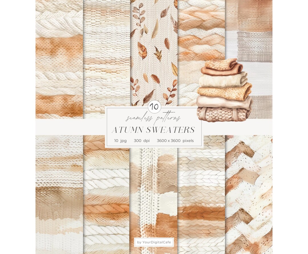 Watercolor Cozy Autumn Seamless Patterns: Warm Knits Digital Paper ...