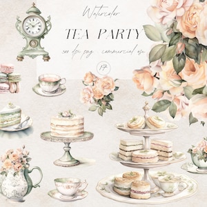 Aquarell Vintage Tea Time Clipart, Floral Tea Party Clipart, Blumen Teetasse PNG, Desserts Clipart, Tee Grafiken, Pastell Tea Time Kunst