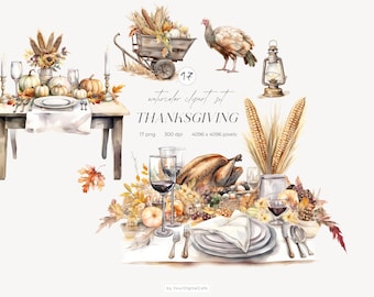 Watercolor Grateful Feast Clipart: Retro Thanksgiving PNG, Autumn Harvest Clip Art, Rustic Fall Dinner (Digital Download)